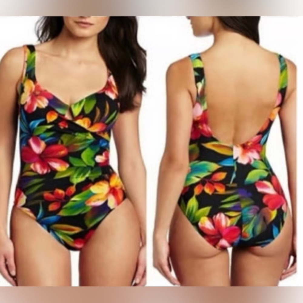 Retro Trimshaper Rainbow Floral Hawaiian Print One Piece Swimsuit Size Tall 16